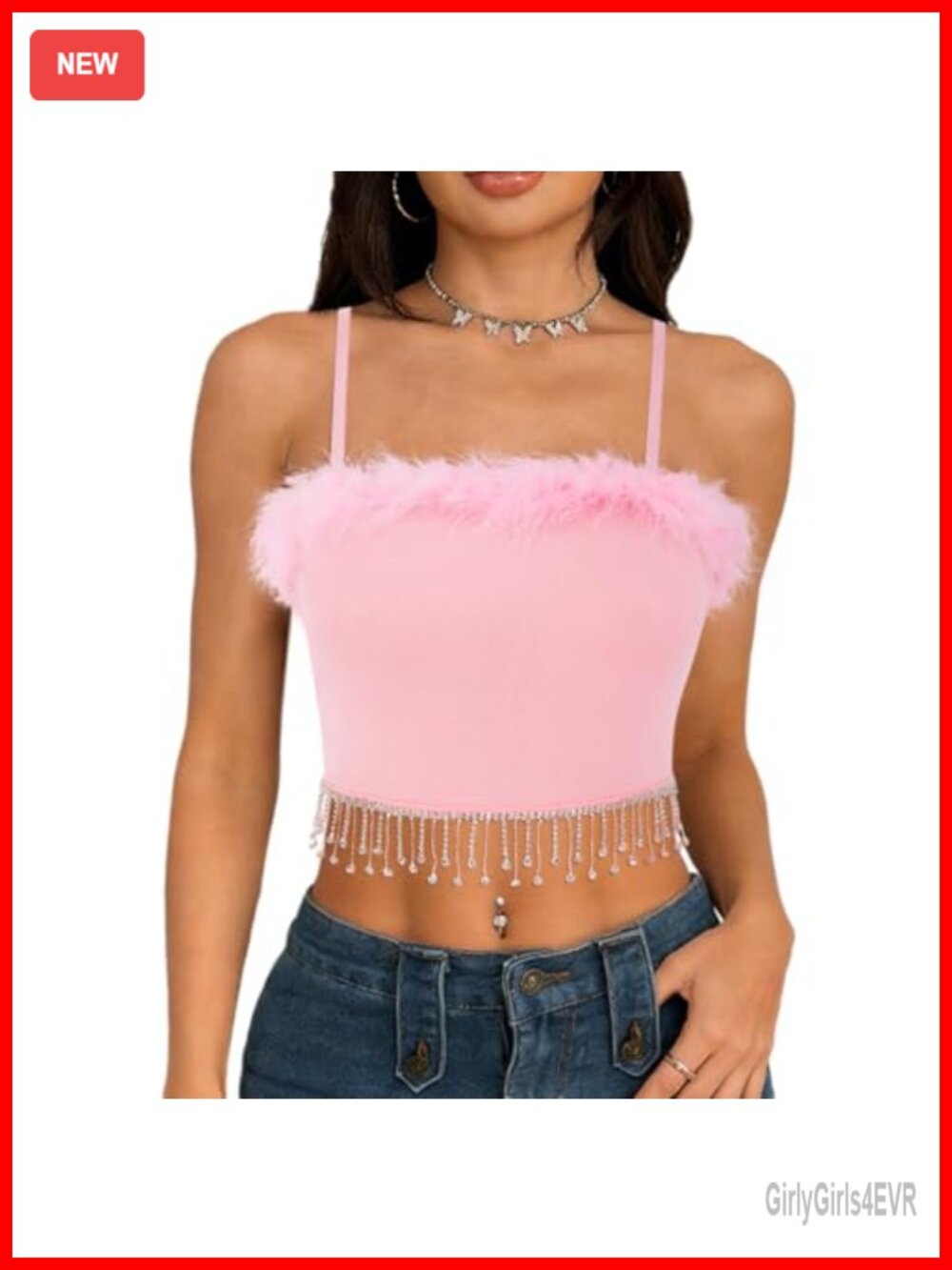 Faux Fur Rhinestone Fringe Crop Top Fringe Tank Sleeveless Party Top